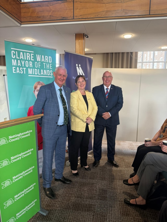Match My Project launch, County Hall, West Bridgford 9/9/25. From left, Cllr Stuart Matthews, Nottinghamshire County Council Cabinet Member for Finance and Resources, Mayor of the East Midlands Claire Ward and Cllr Mick Barton, Nottinghamshire County Council leader. 